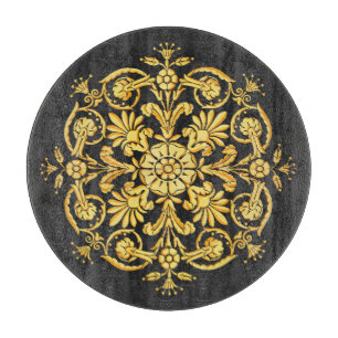 Tabla De Cortar Patrón Floral Dorado Y Negro