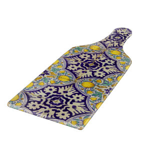 Tabla De Cortar Patrón mediterráneo azul Flores amarillas