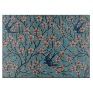 Tabla De Cortar Patrón Retro de Golondrina Floral Azul de Walter C