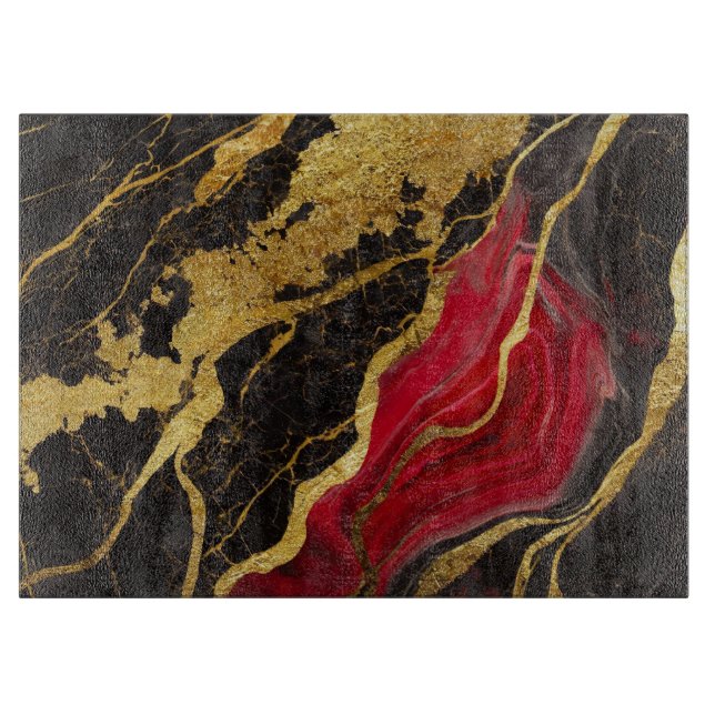 Tabla De Cortar Patrón rojo de mármol negro con oro (Anverso)
