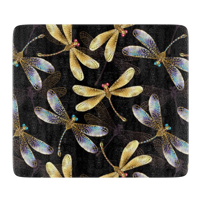 Tabla De Cortar Patrón sin foco con Dragonflies dorados (Anverso)