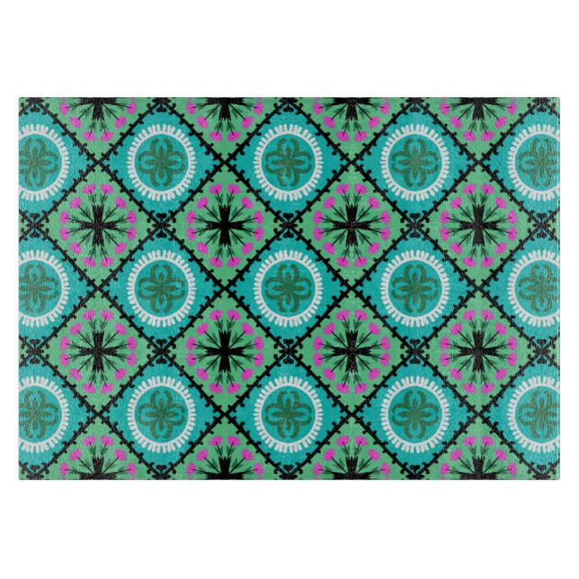 Tabla De Cortar Patrón Suzani con motivos uzbekos y kazajos (Anverso)