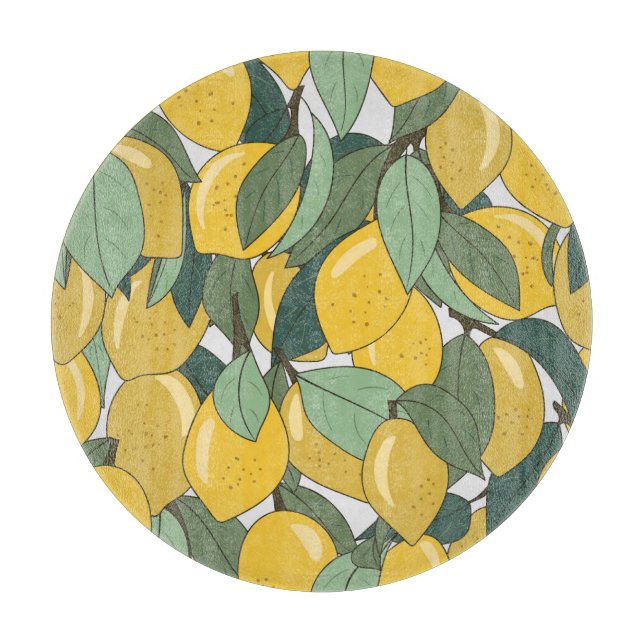 Tabla De Cortar Patrón tropical con lémones amarillos. (Anverso)