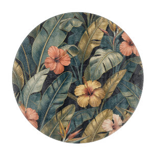 Tabla De Cortar Patrón Tropical de Hoja de Banano Hibisco Coral Os