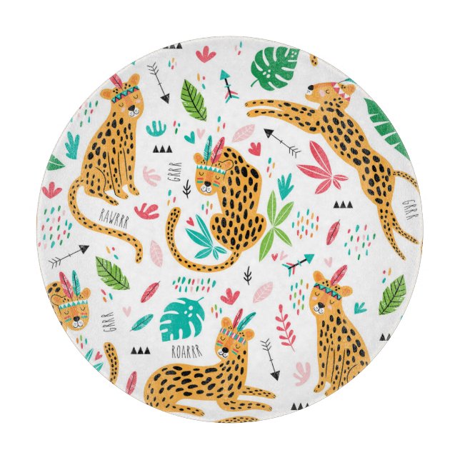 Tabla De Cortar Patrón tropical de leopardos tribales infantiles (Anverso)