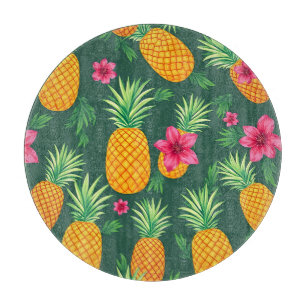 Tabla De Cortar Patrón Tropical de Piña e Hibisco