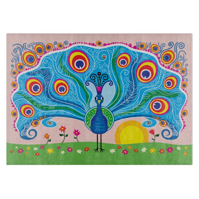Tabla De Cortar Pavo real con flores (Anverso)
