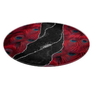 Tabla De Cortar Pavo Real Rojo Negro Mármol Ágata Glam