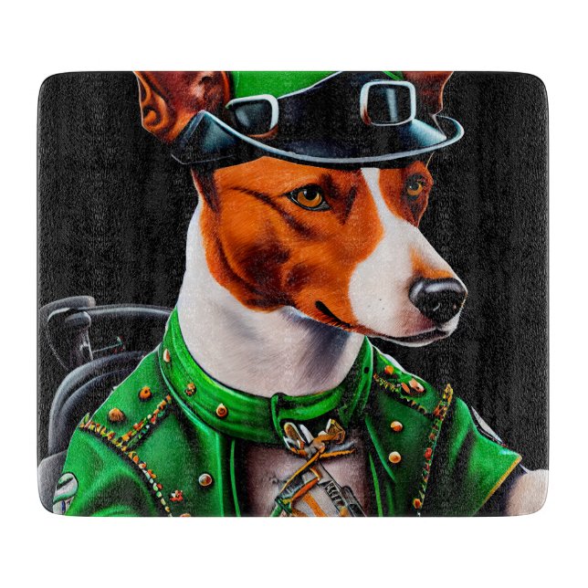 Tabla De Cortar Perro Basenji conduciendo bicicleta Día de San Pat (Anverso)
