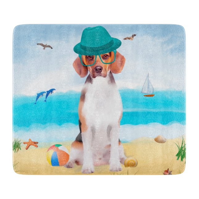 Tabla De Cortar Perro Beagle En La Playa (Anverso)