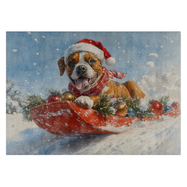 Tabla De Cortar Perro Boxer con manchas deja que nieve Navidades (Anverso)