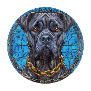 Tabla De Cortar Perro Cane Corso con cadenas en vidrio tintado azu