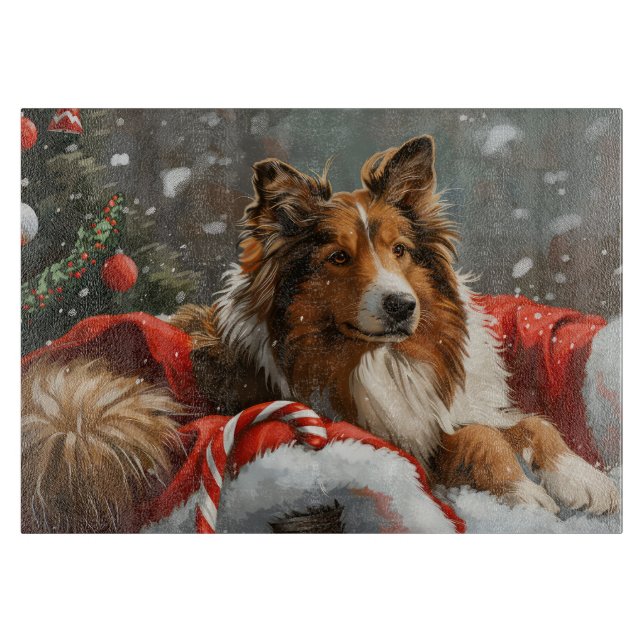 Tabla De Cortar Perro Collie Áspero Navidad Festiva (Anverso)