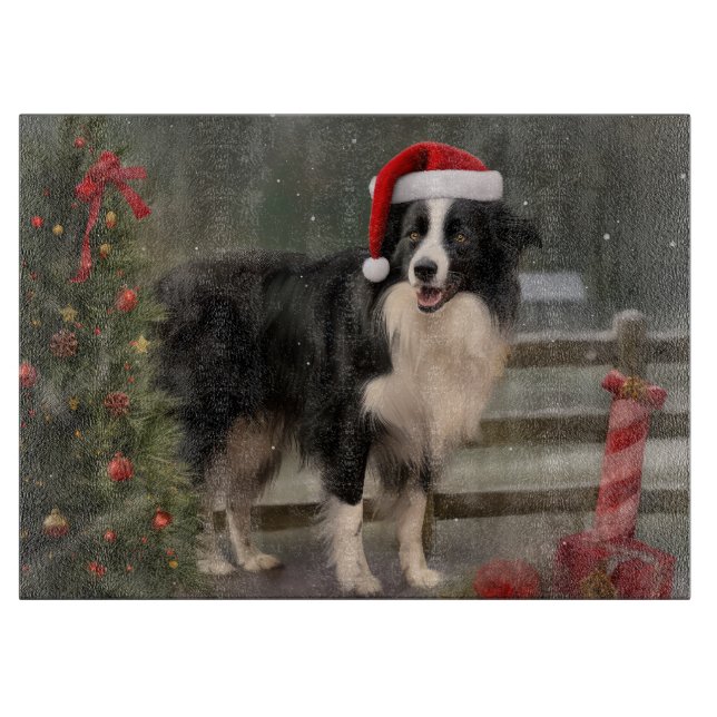 Tabla De Cortar Perro collie fronterizo en Navidades de nieve (Anverso)