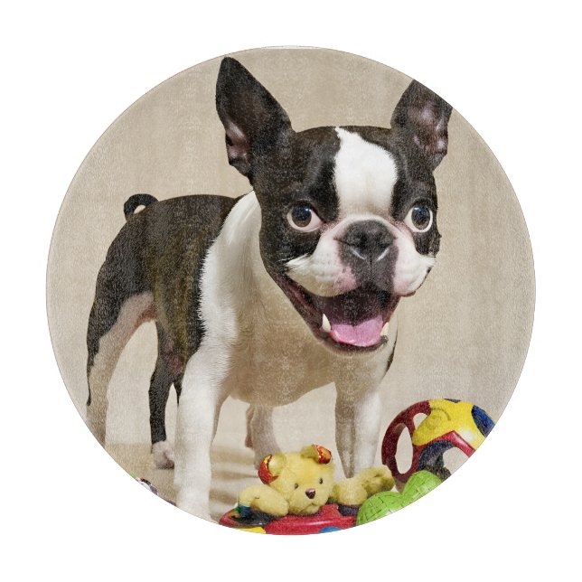 Tabla De Cortar Perro de Boston Terrier jugando con juguetes (Anverso)