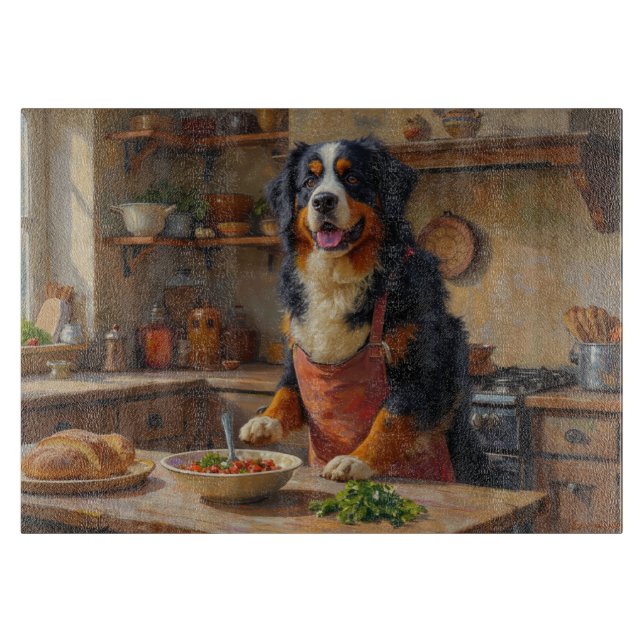Tabla De Cortar Perro de montaña bernés cocinando en la cocina (Anverso)