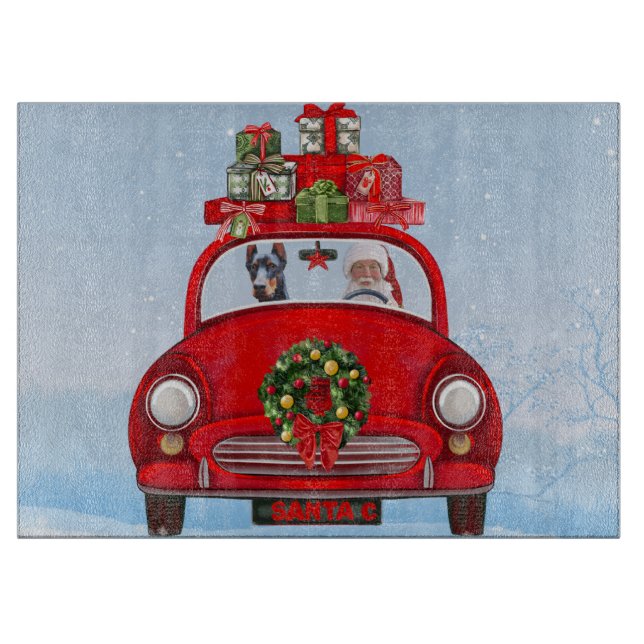 Tabla De Cortar Perro Doberman en auto con Santa Claus (Anverso)