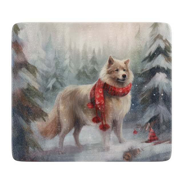 Tabla De Cortar Perro lappund finlandés en Navidades de nieve (Anverso)