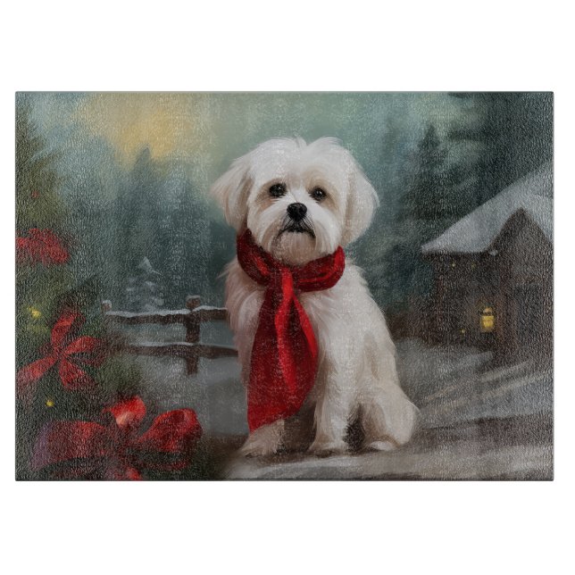 Tabla De Cortar Perro maltés en Navidad con nieve  (Anverso)