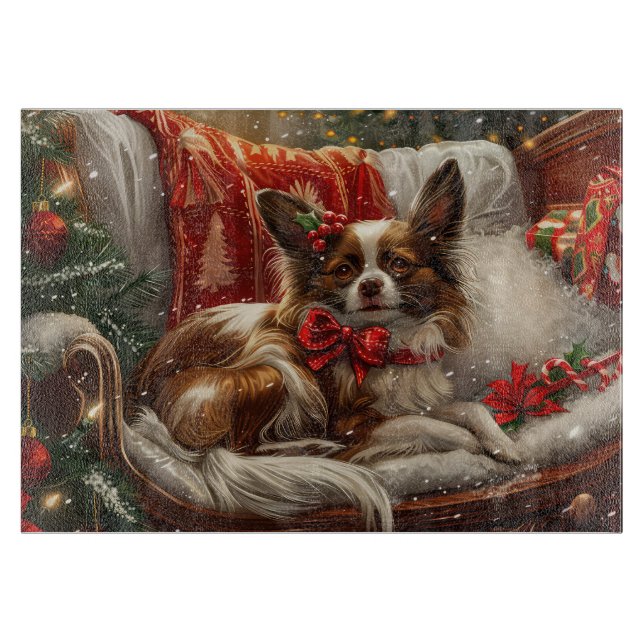 Tabla De Cortar Perro Papillon Navidad Festiva (Anverso)