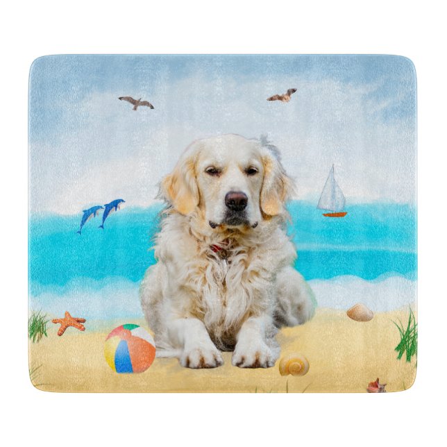 Tabla De Cortar Perro Retriever Dorado en la Playa (Anverso)