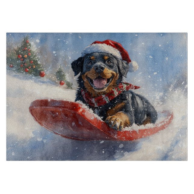 Tabla De Cortar Perro Rottweiler con mangas y Navidades que nieva (Anverso)