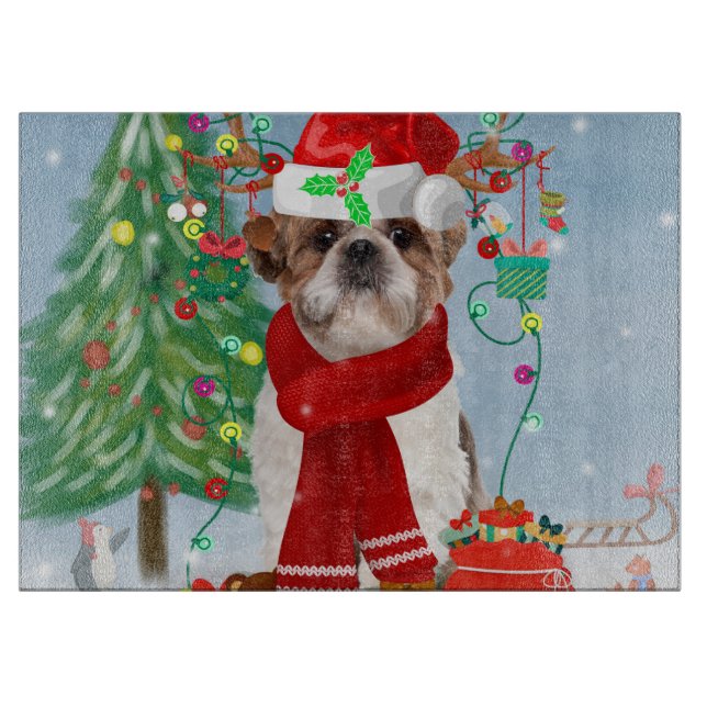 Tabla De Cortar Perro Shih Tzu en Navidades de nieve (Anverso)