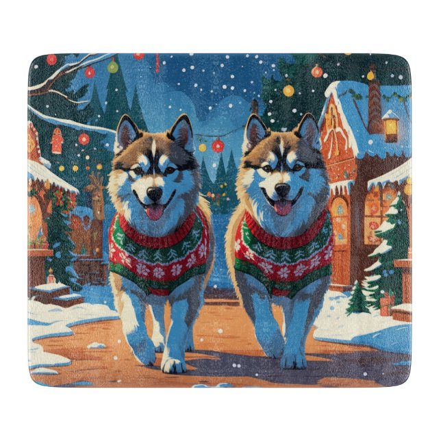 Tabla De Cortar Perros Alaskan Malamute Navidad Nieve Fiesta  (Anverso)