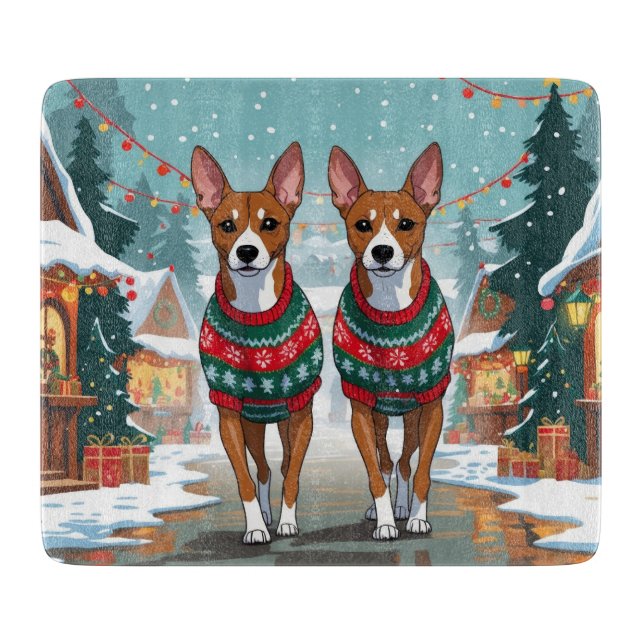 Tabla De Cortar Perros Basenji Navidad Nieve Fiesta  (Anverso)