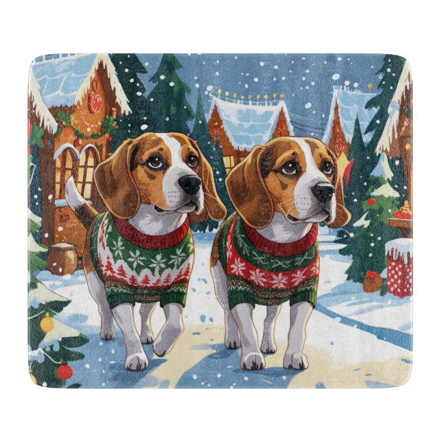 Tabla De Cortar Perros Beagle Navidad Nieve Fiesta (Anverso)