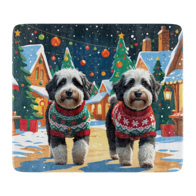 Tabla De Cortar Perros Bernedoodle Navidad Nieve Fiesta (Anverso)