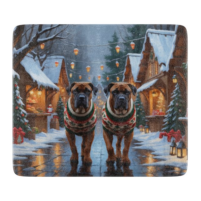 Tabla De Cortar Perros Bullmastiff Navidad Nieve Fiesta  (Anverso)