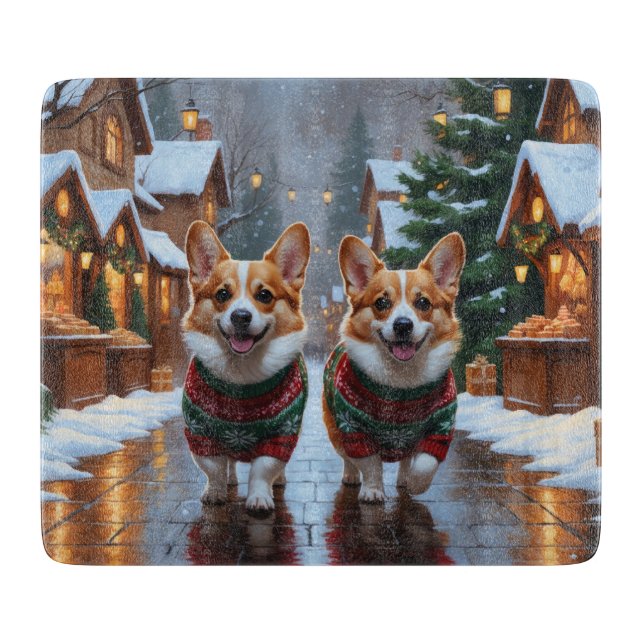 Tabla De Cortar Perros Corgi Navidad Nieve Fiesta (Anverso)