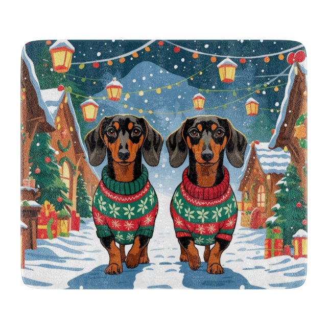 Tabla De Cortar Perros Dachshund Navidad Nieve Fiesta (Anverso)