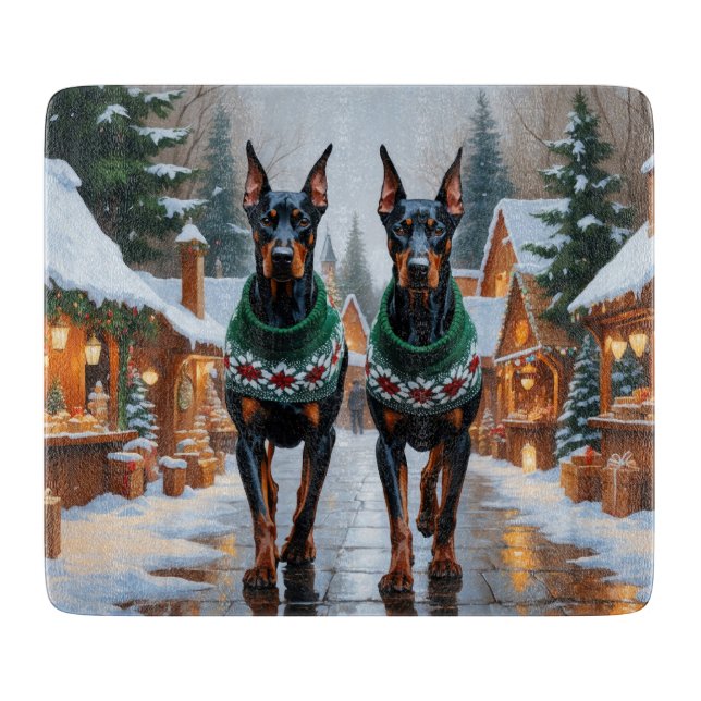 Tabla De Cortar Perros Doberman Navidad Nieve Fiesta  (Anverso)