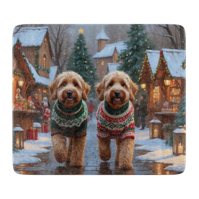 Tabla De Cortar Perros Goldendoodle Navidad Nieve Fiesta (Anverso)