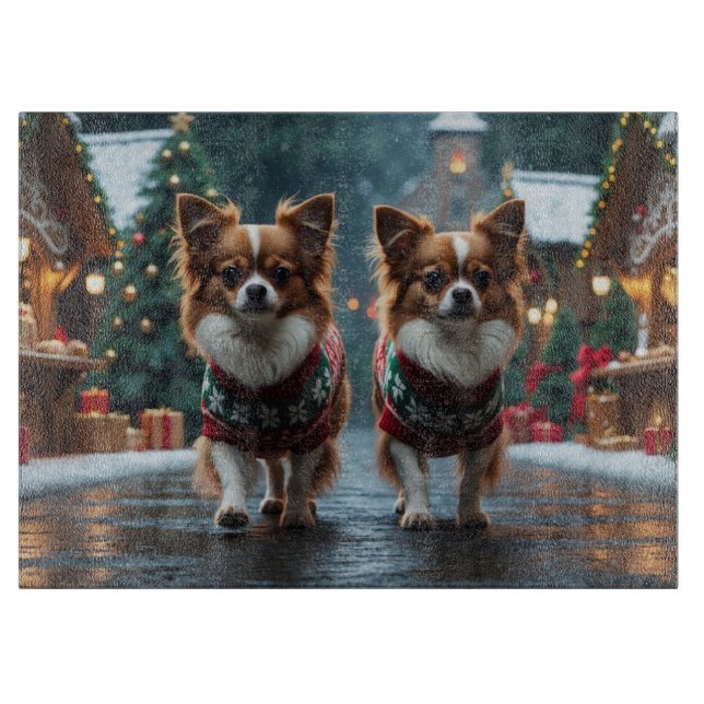Tabla De Cortar Perros Papillon Navidad Nieve Fiesta (Anverso)