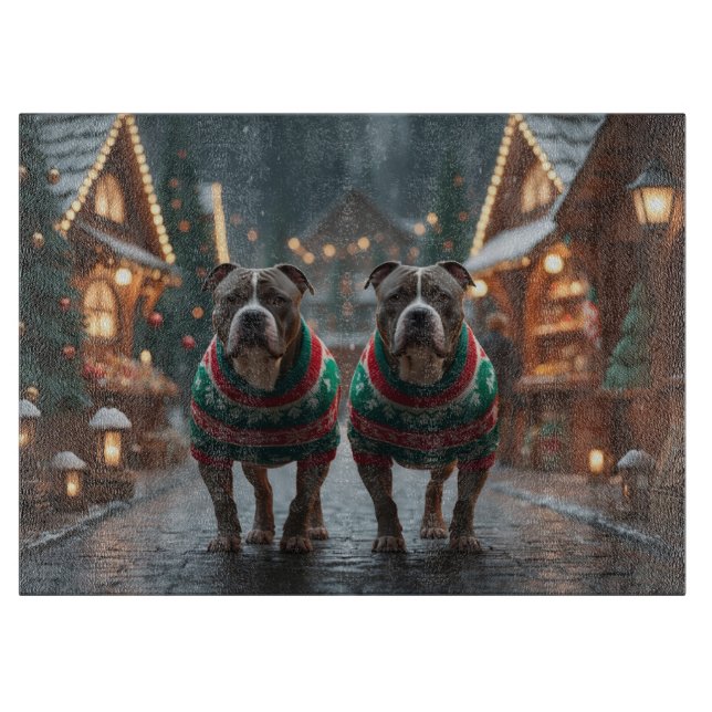 Tabla De Cortar Perros Pitbull Navidad Nieve Fiesta (Anverso)