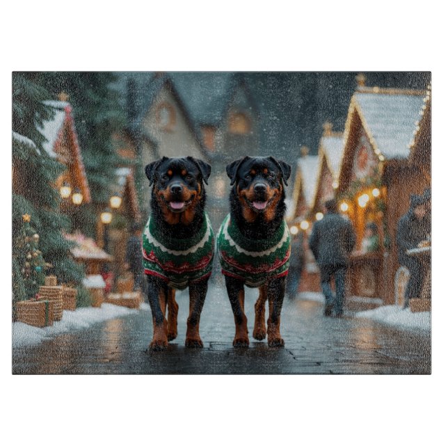 Tabla De Cortar Perros Rottweiler Navidad Nieve Fiesta (Anverso)