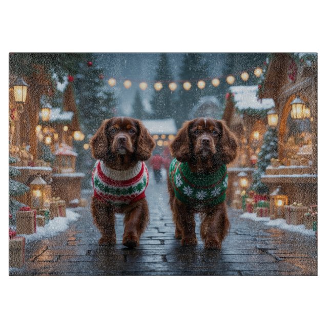 Tabla De Cortar Perros Spaniel Tibetano Navidad Nieve Fiesta (Anverso)