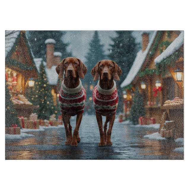 Tabla De Cortar Perros Vizsla Navidad Nieve Fiesta (Anverso)