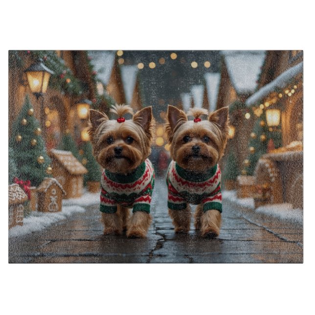 Tabla De Cortar Perros Yorkipoo Navidad Nieve Fiesta (Anverso)