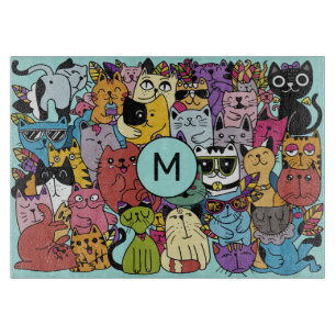 Tabla De Cortar Personalizado Monograma Gracioso Gatos Ilustracion