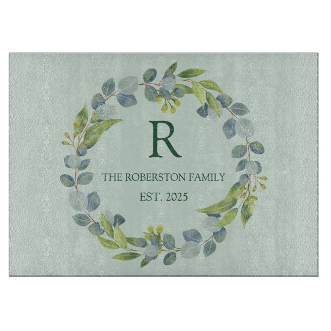 Tabla De Cortar Personalized Eucalyptus Wreath Monogram Family  (Anverso)
