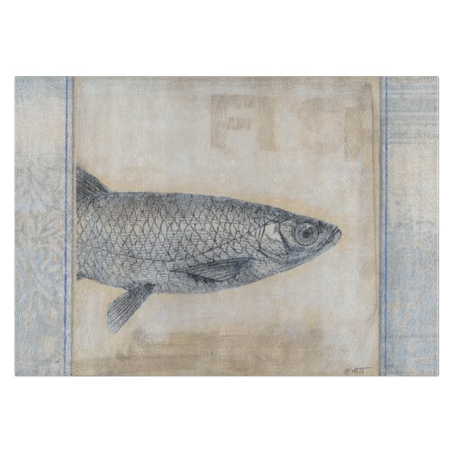 Tabla De Cortar Pescado gris en fondo beige (Anverso)