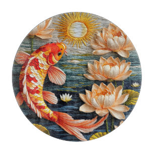Tabla De Cortar Pez Koi Rodeado de Flores de Loto