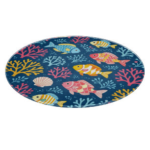 Tabla De Cortar Pez y coral azul náutico