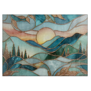 Tabla De Cortar Picos de Montaña Dorada Arte de Vidrio Pintado