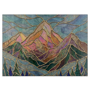 Tabla De Cortar Picos de Montaña Dorada Arte de Vidrio Pintado For