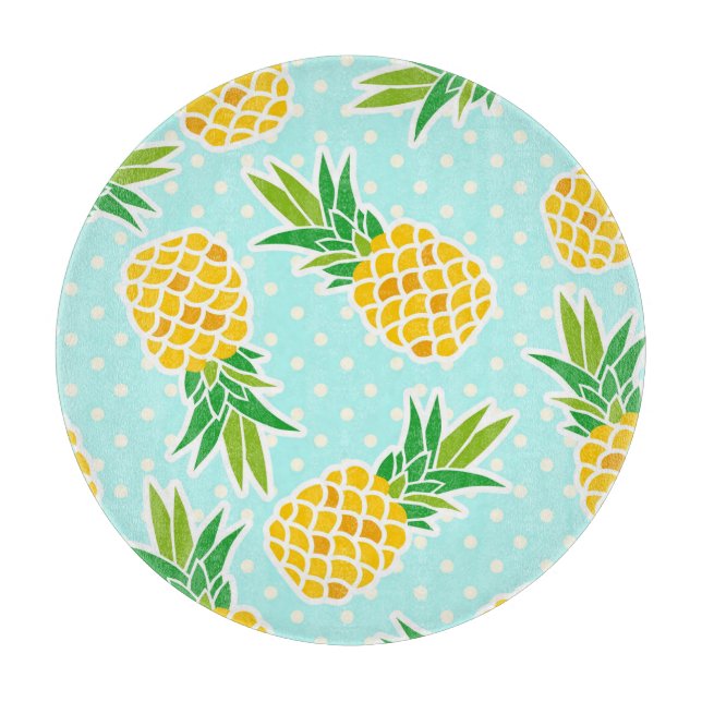 Tabla De Cortar Piñas Exóticas: Polka Azul-Dot Diversión. (Anverso)